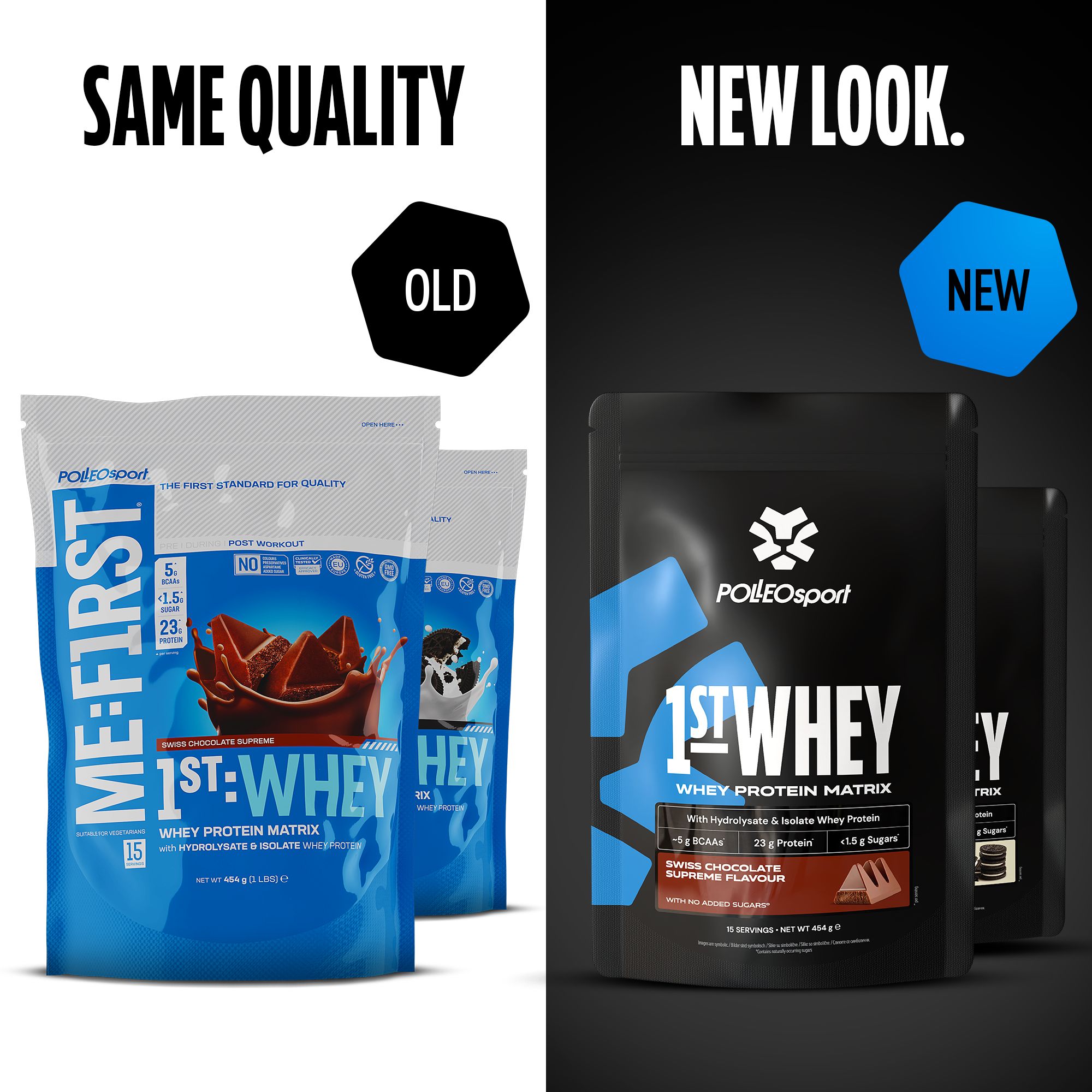 Vergleich: Alte und neue Verpackung von PolleoSport 1st Whey. Links: Me:First, Schoko. Rechts: 1st Whey, White Choco Bueno.