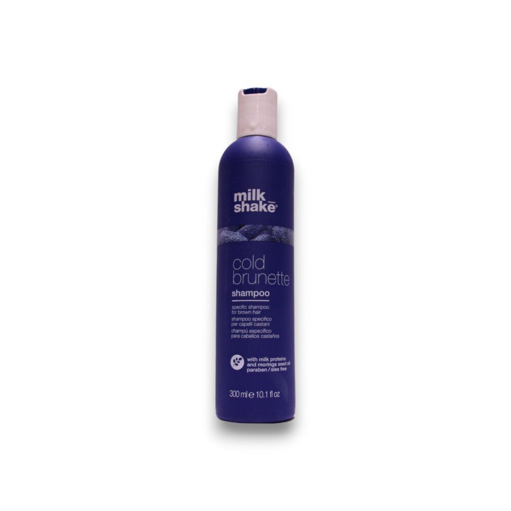 Milk Shake Cold Brunette Shampoo, 300ml. Violette Flasche mit weißem Klappdeckel.