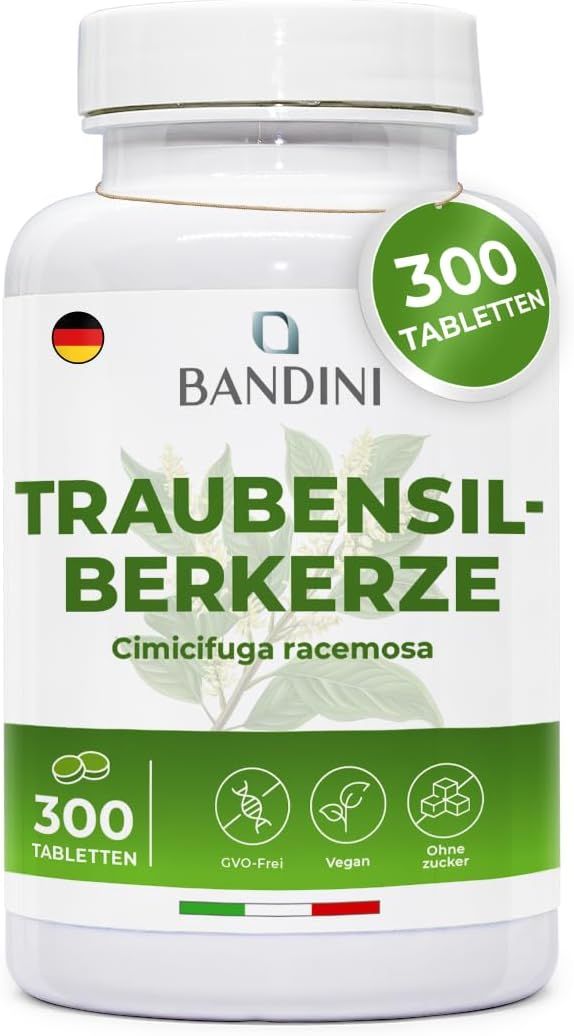 Weiße Flasche Bandini Traubensilberkerze Tabletten. Aufschrift: Traubensilberkerze, 300 Tabletten. Mit grünem Etikett.