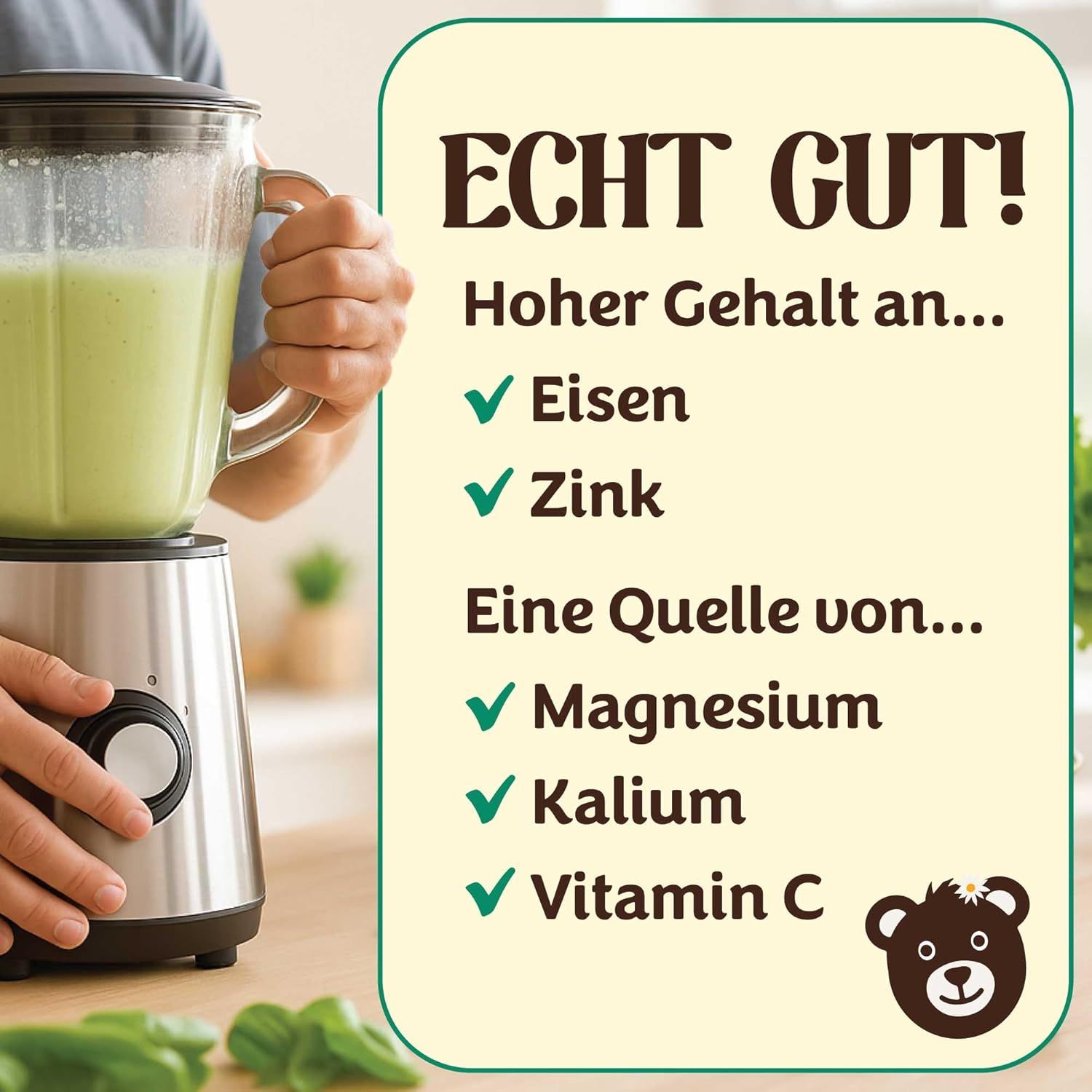 Person hält Mixer mit grünem Smoothie. Hoher Gehalt an Eisen und Zink. Quelle von Magnesium, Kalium und Vitamin C.