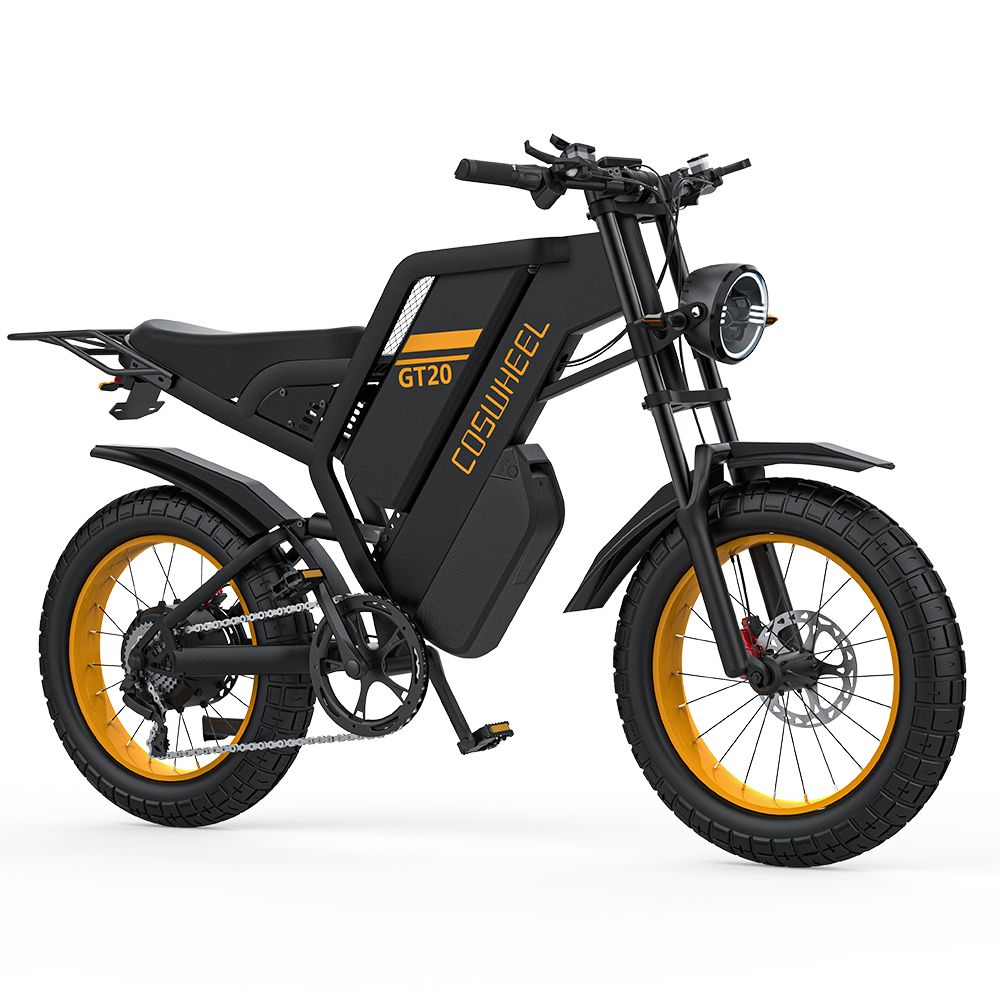 Schwarzes Elektrofahrrad mit gelben Felgen. Aufschrift COSWHEEL GT20. Breitreifen, Scheinwerfer.