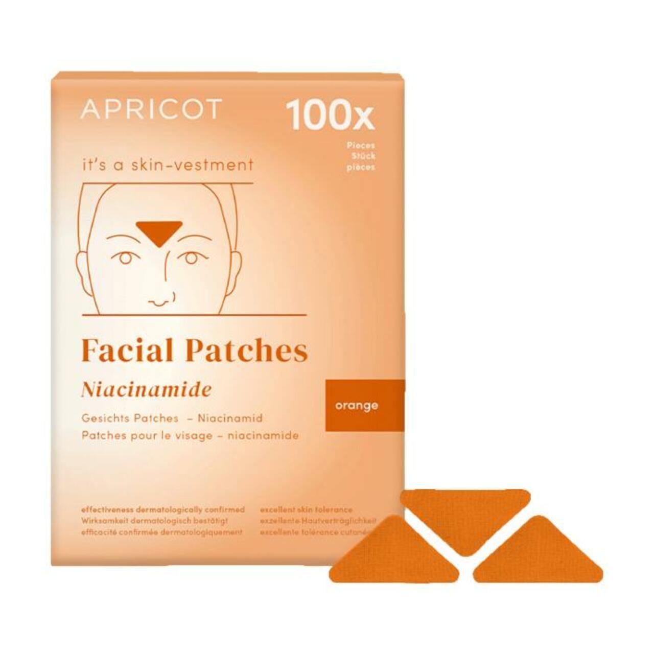 Verpackung mit Gesichtspflastern. Text: APRICOT, Facial Patches, 100x.