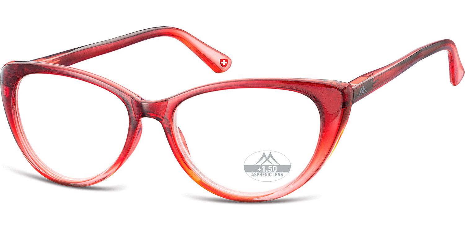 Rote Brille mit Katzenaugenform. Farbverlauf von Rot zu Orange. Auf dem Glas ist "+1.50" und ein Logo zu sehen.