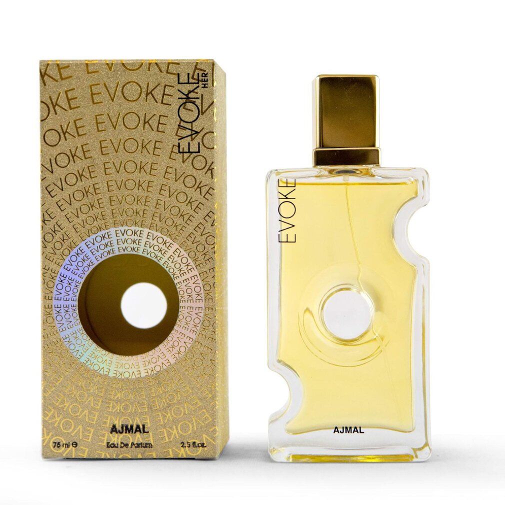 Parfümflakon und Verpackung. Flakon mit goldfarbenem Verschluss. Aufschrift: EVOKE und AJMAL. Verpackung mit Loch.