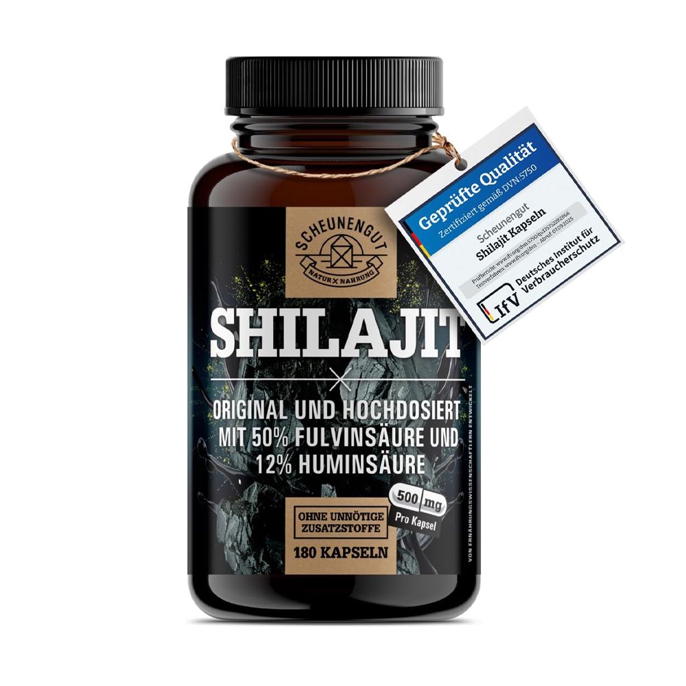 Braune Glasflasche mit schwarzem Etikett, darauf "SHILAJIT" und Inhaltsangaben. Mit Anhänger "Geprüfte Qualität".