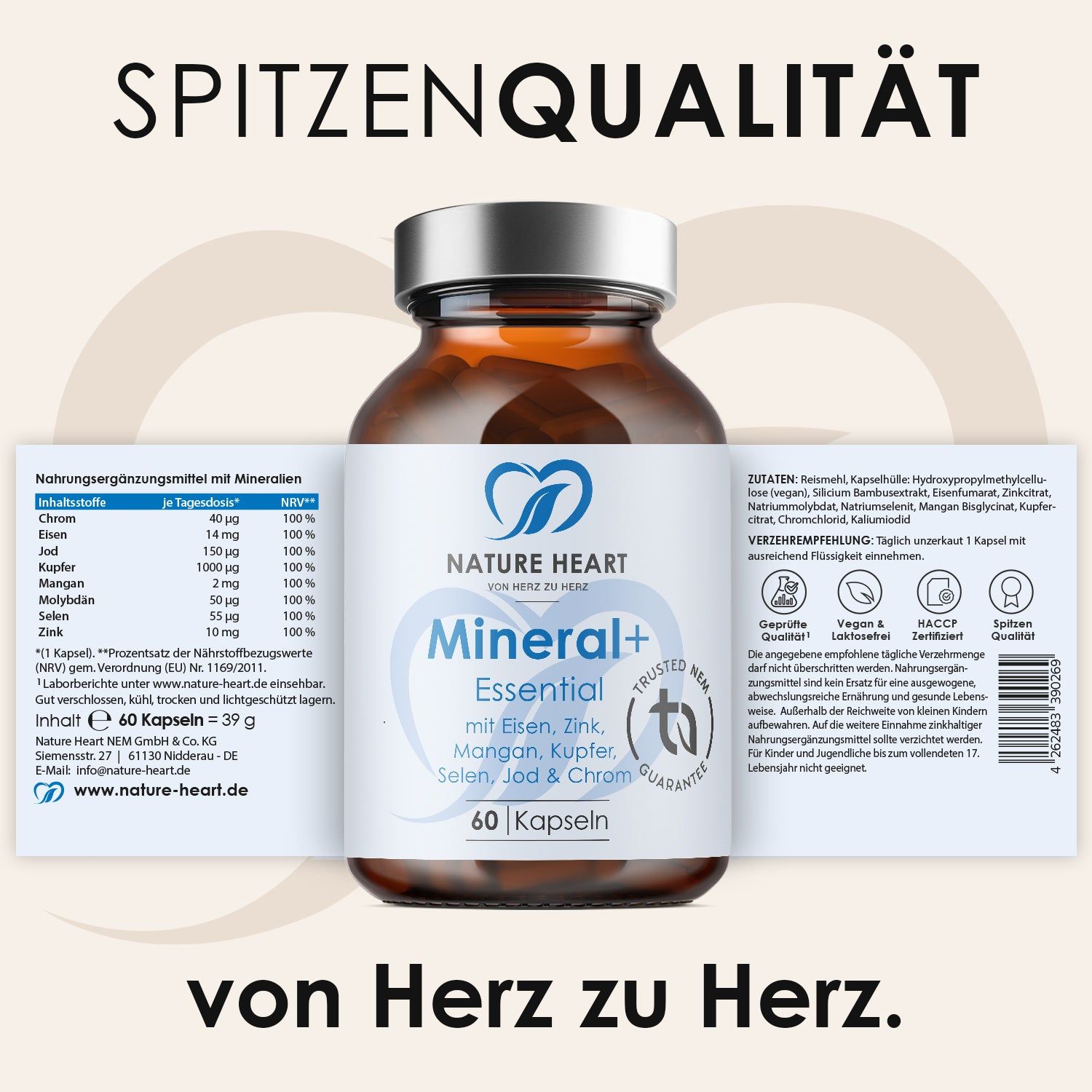 Nature Heart Mineral+ Essential Kapseln in Braunglasflasche. Etikett zeigt Nährwertangaben und Inhaltsstoffe wie Eisen, Zink, Mangan, Kupfer, Selen, Jod & Chrom.