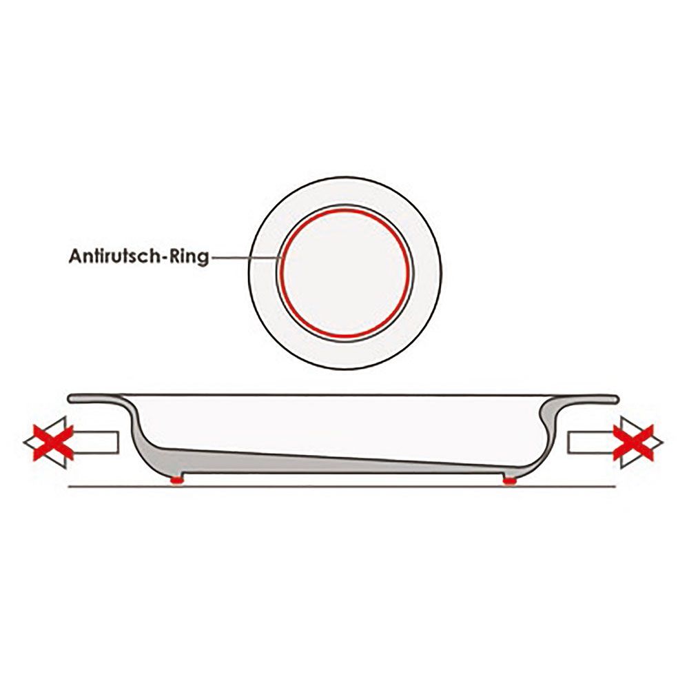 Zeichnung: Teller mit Anti-Rutsch-Ring. Unterseite mit erhöhten Füßen.