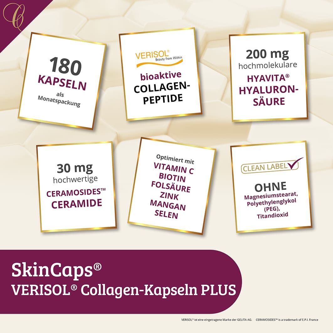 Grafik mit Text: 180 Kapseln, bioaktive Collagen-Peptide, 200 mg Hyaluronsäure, 30 mg Ceramosides Ceramide, Vitamin C, Biotin, Zink, Folsäure, Mangan, Selen, ohne Magnesiumstearat.