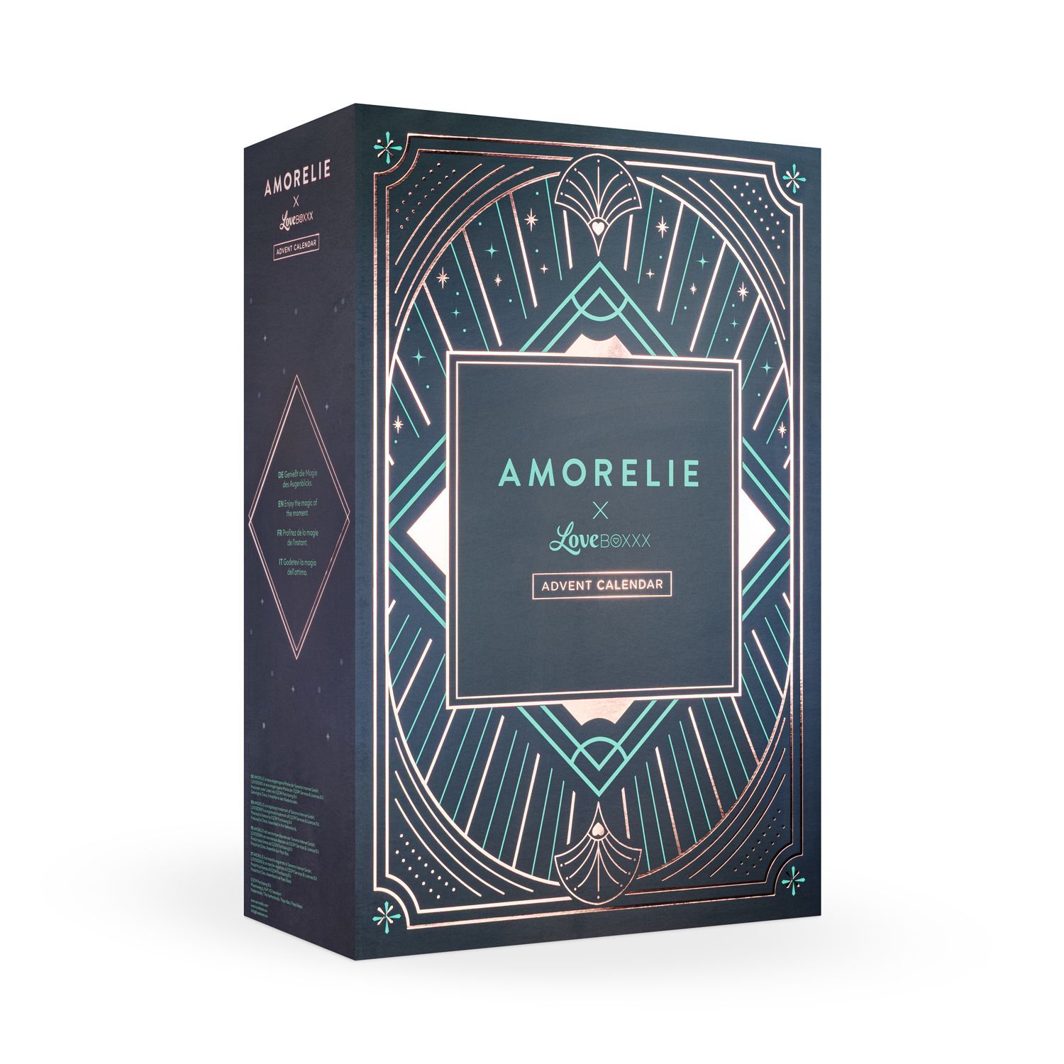Verpackung des Adventskalenders. Rechteckige Box mit geometrischem Muster und dem Logo AMORELIE x Loveboxxx.