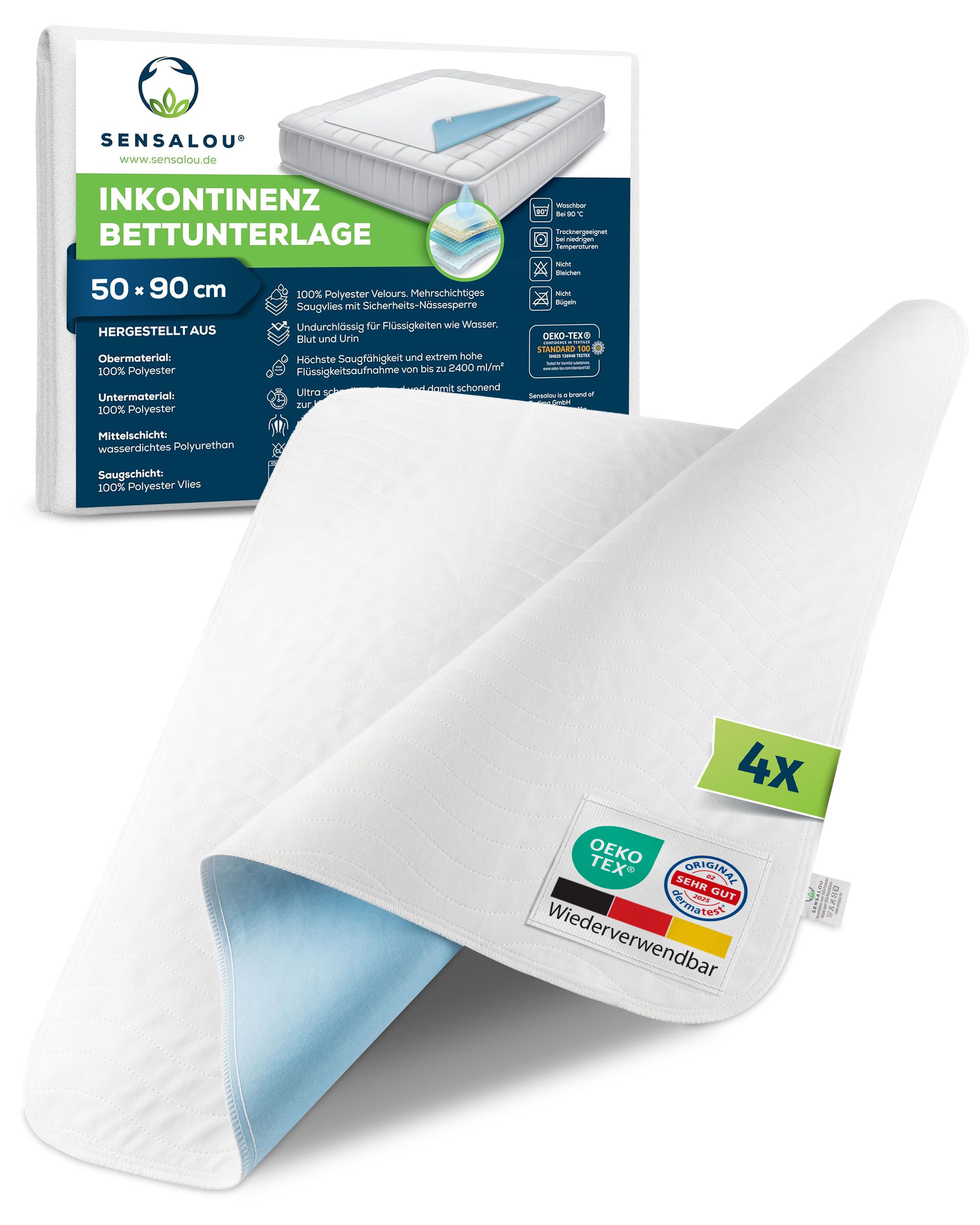 Weiße Inkontinenz-Bettunterlage, blau unterlegt, 4er Set. Oeko-Tex-Zertifizierung. Wiederverwendbar.