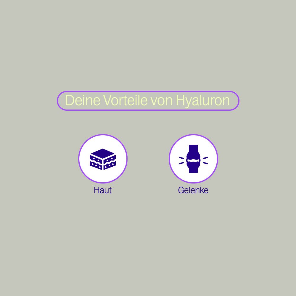 Grafik mit Icons: Haut und Gelenke. Text: Deine Vorteile von Hyaluron.