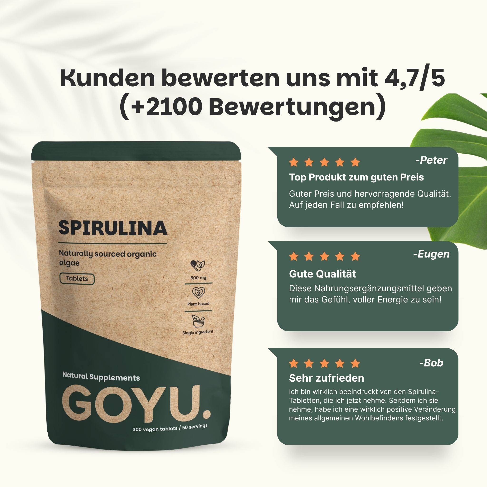 Drei Bio-Spirulina Tabletten, 100% natürlich, vegan, biologisch, auf Algen basierend.