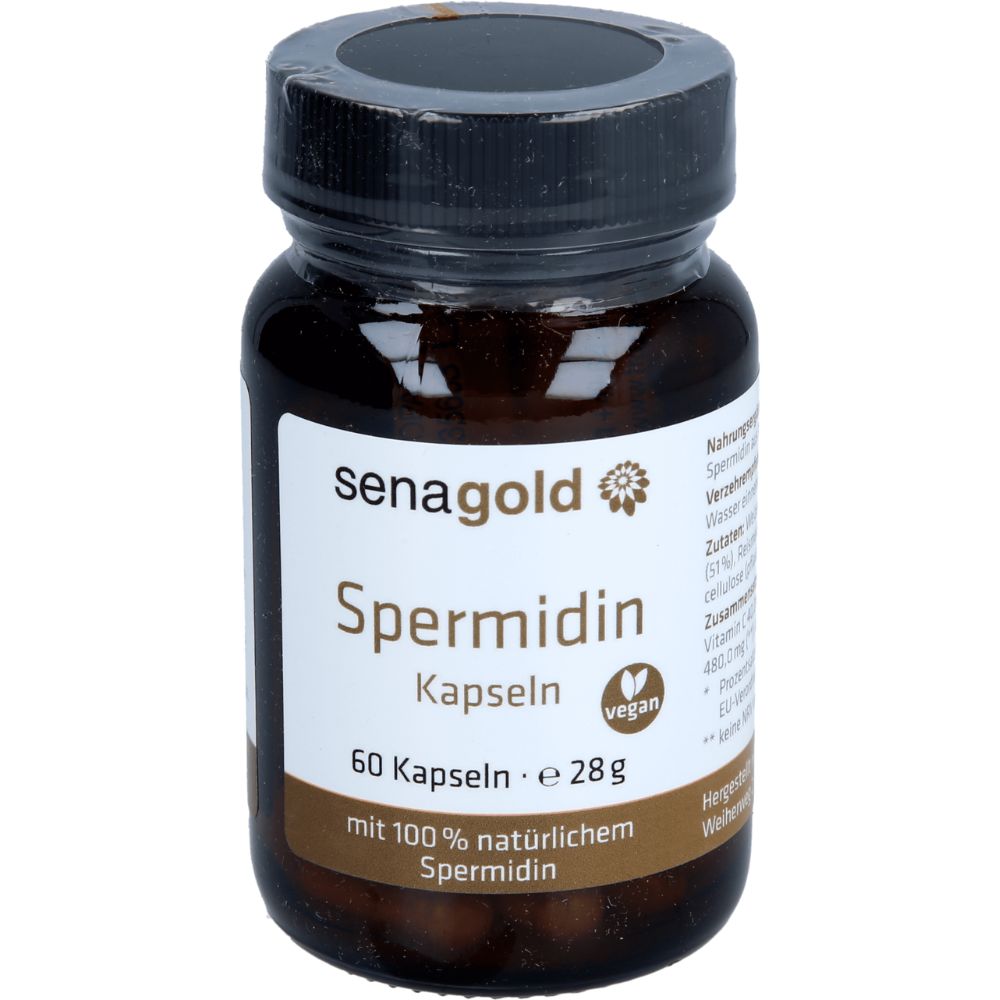 Braune Glasflasche mit schwarzem Deckel. Aufschrift: Senagold Spermidin Kapseln, 60 Kapseln, vegan. Mit 100% natürlichem Spermidin.