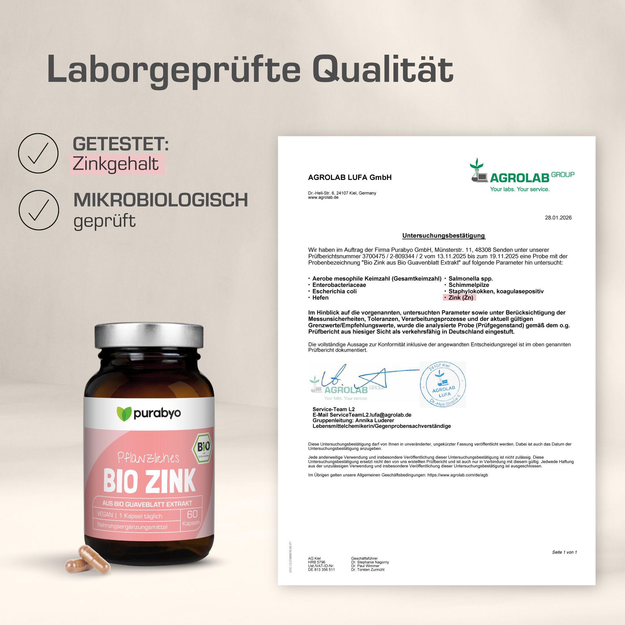Braune Glasflasche mit purabyo Bio Zink Kapseln. Laborgeprüfte Qualität. Getestet: Zinkgehalt. Mikrobiologisch geprüft. Zertifikat.