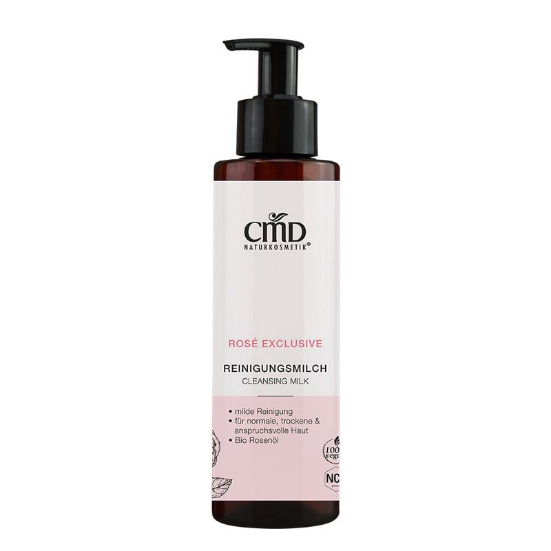Braune Flasche mit schwarzem Pumpkopf. Aufschrift: CMD Naturkosmetik, Rosé Exclusive Reinigungsmilch. Mit Zertifizierungen.