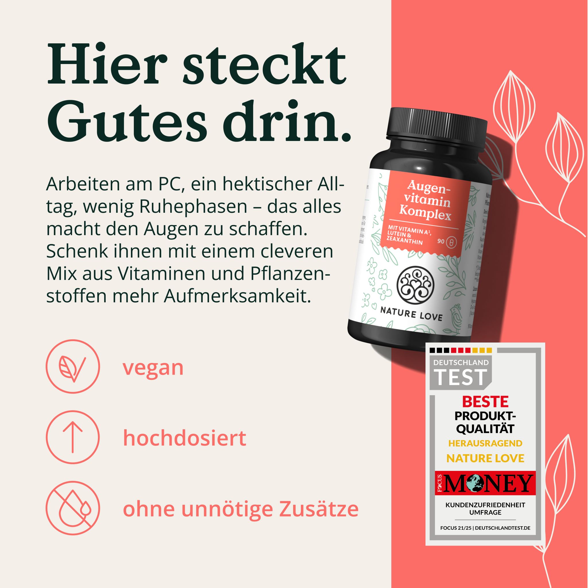 Flasche "Augenvitamin Komplex" neben Auszeichnung. Text: vegan, hochdosiert, ohne unnötige Zusätze.