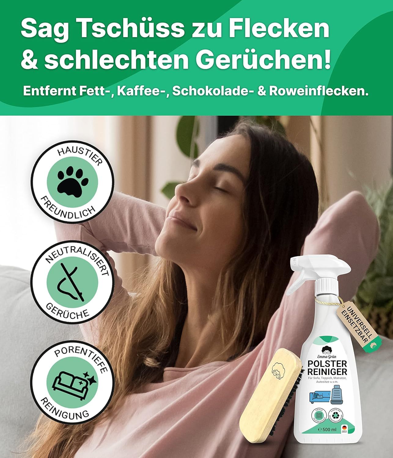 Frau auf Sofa, neben Produkt. Produkt: Polsterreiniger und Bürste. Kreisförmige Icons: tierfreundlich, geruchsneutral, porentiefe Reinigung.