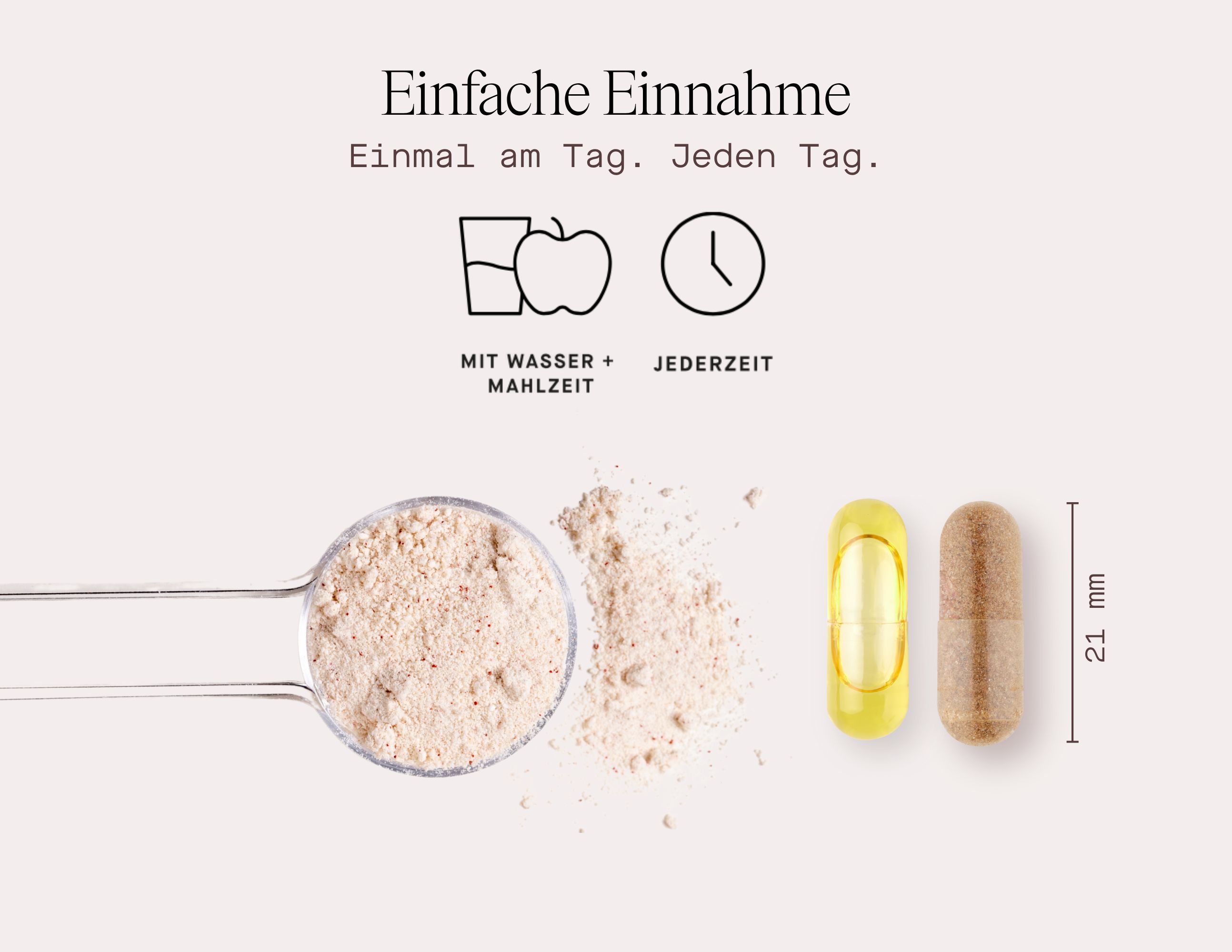 Infografik: Einfache Einnahme. Symbole: Wasser + Mahlzeit, jederzeit. Löffel, Pulver, Kapsel, Kapsel.