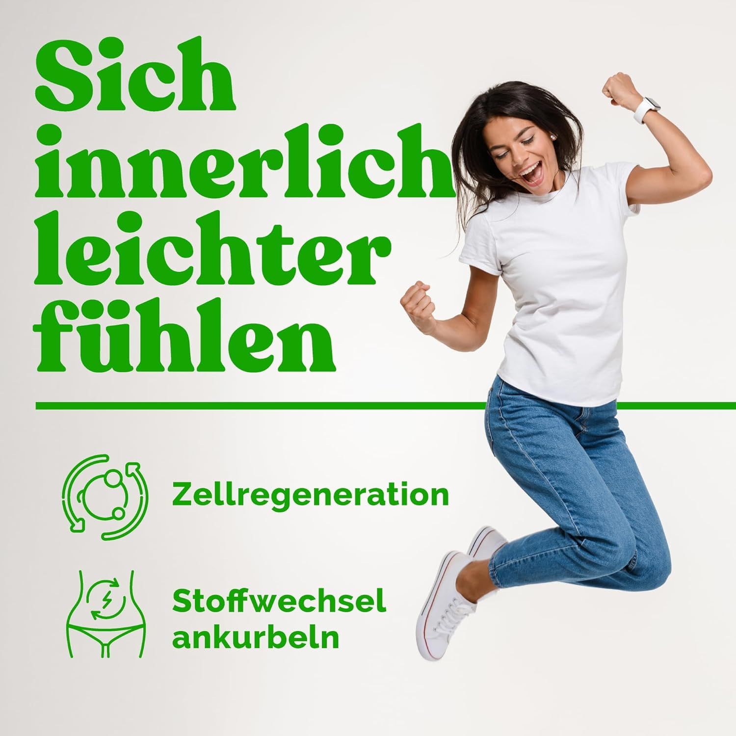 Frau springt, jubelt. Text: Zellregeneration, Stoffwechsel ankurbeln.