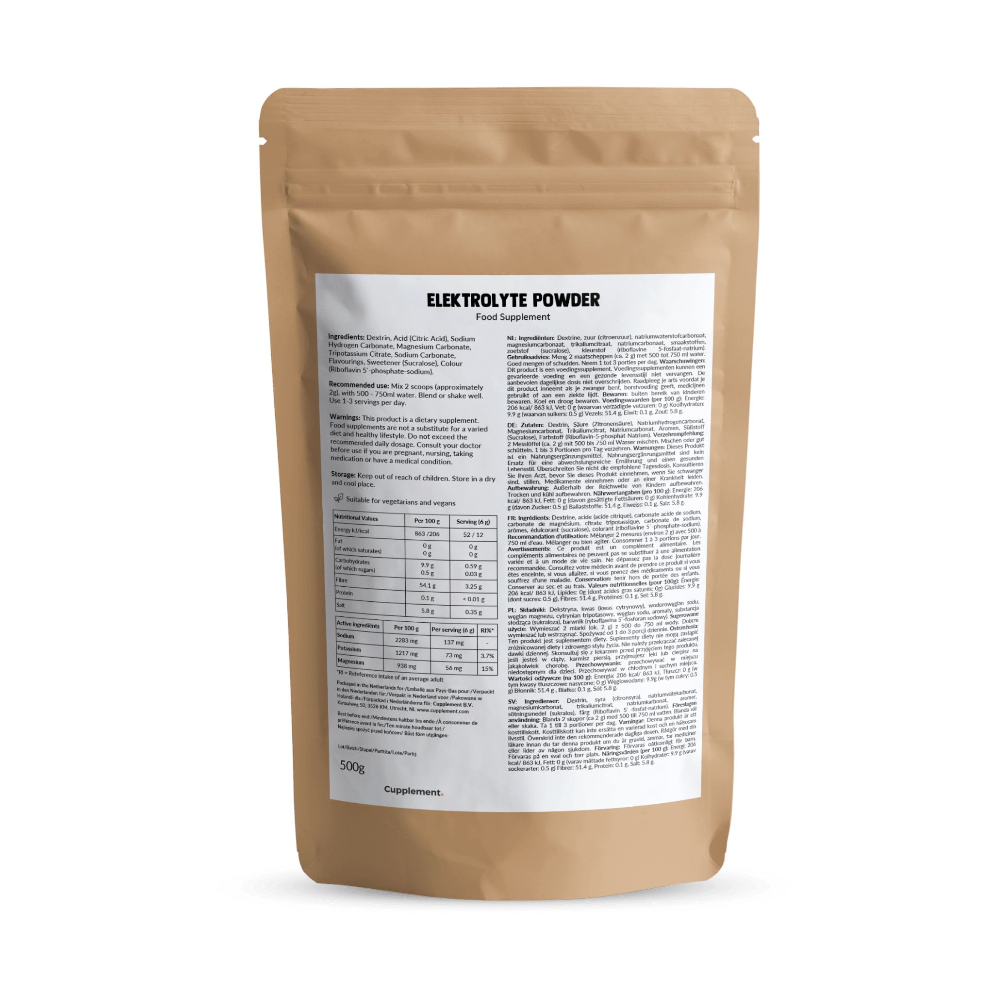 Beutel mit Elektrolytpulver. Aufschrift: Elektrolyte Powder, Food Supplement. Enthält Nährwertangaben und Inhaltsstoffe. Braune Verpackung.