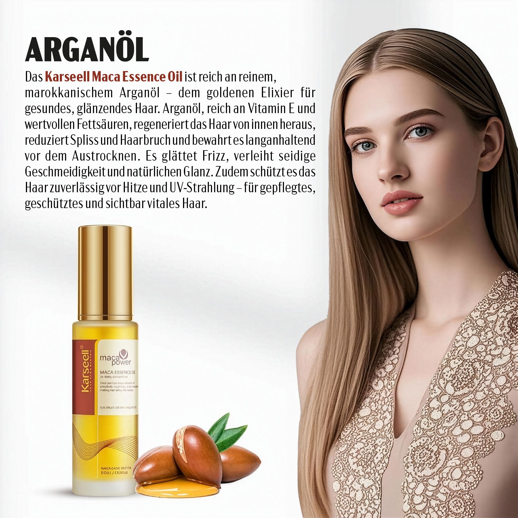 Flasche Haaröl, goldener Deckel, neben Argan-Nüssen. Text: Karseell, Maca Essence Oil. Frau mit langen Haaren.