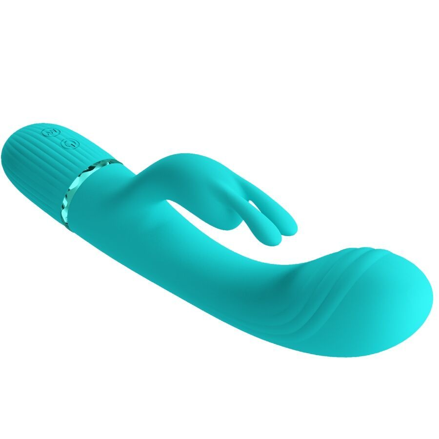 Türkisfarbener Vibrator mit Kaninchenohren-Design. Geriffelte Basis, glatte Oberfläche und Bedienknöpfe.