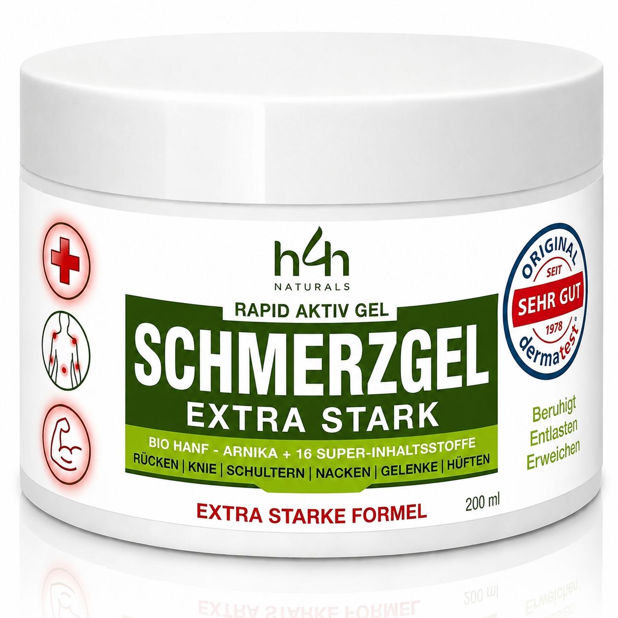 H4H Naturals Rapid Aktiv Gel Tiegel mit Aufkleber, der "Sehr Gut" und "Dermatest" zeigt.