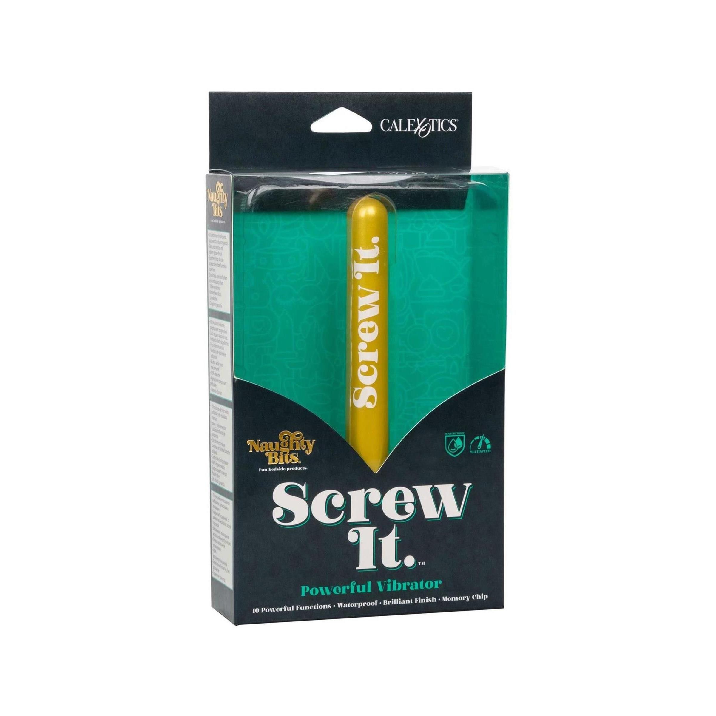 Verpackung mit gelbem Vibrator. Aufschrift "Screw It". Marke CalExotics. Schwarzer Karton mit Produktinformationen.