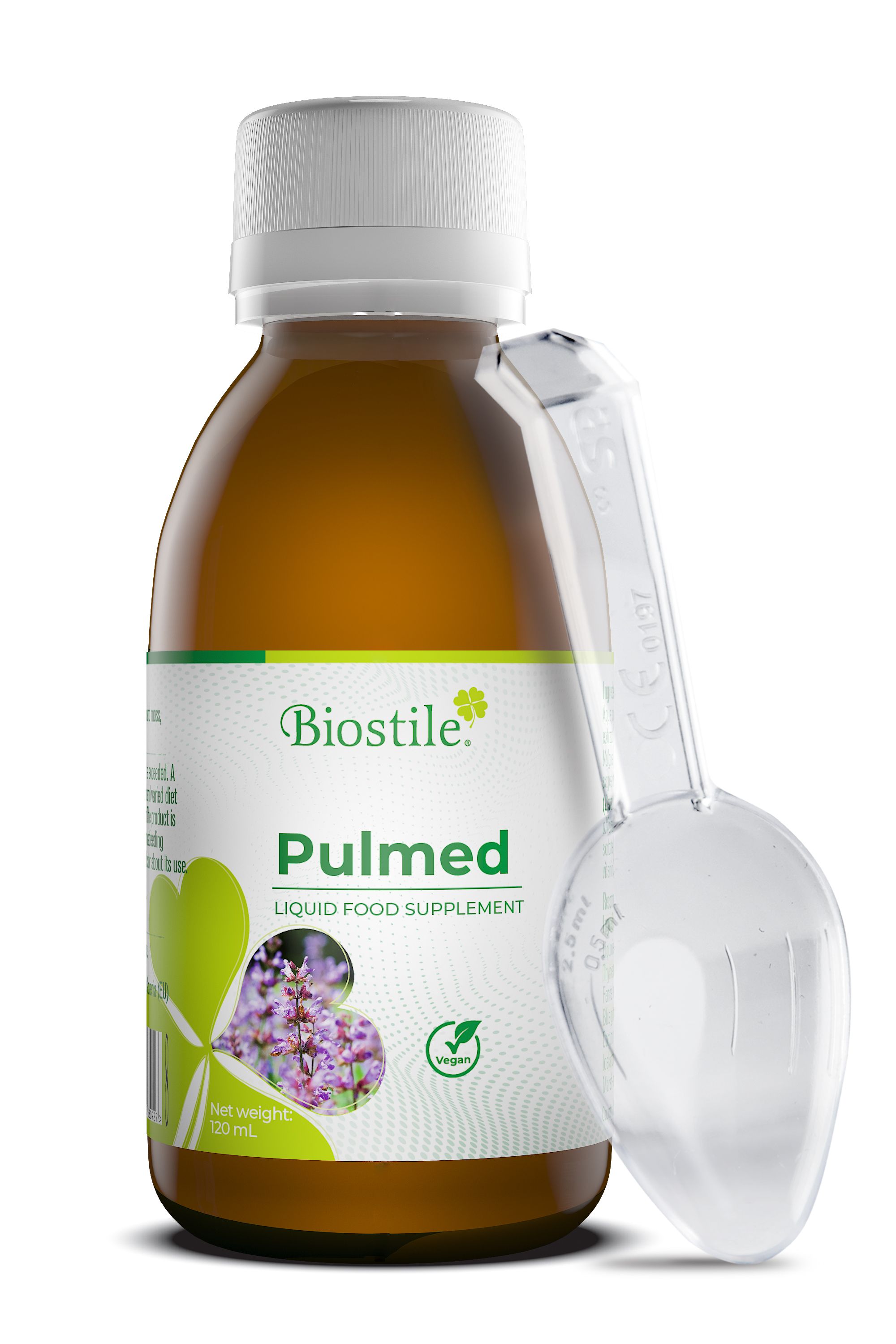 Liquido marrone in bottiglia con cucchiaio dosatore. Scritta: Biostile Pulmed, integratore alimentare liquido, vegano.