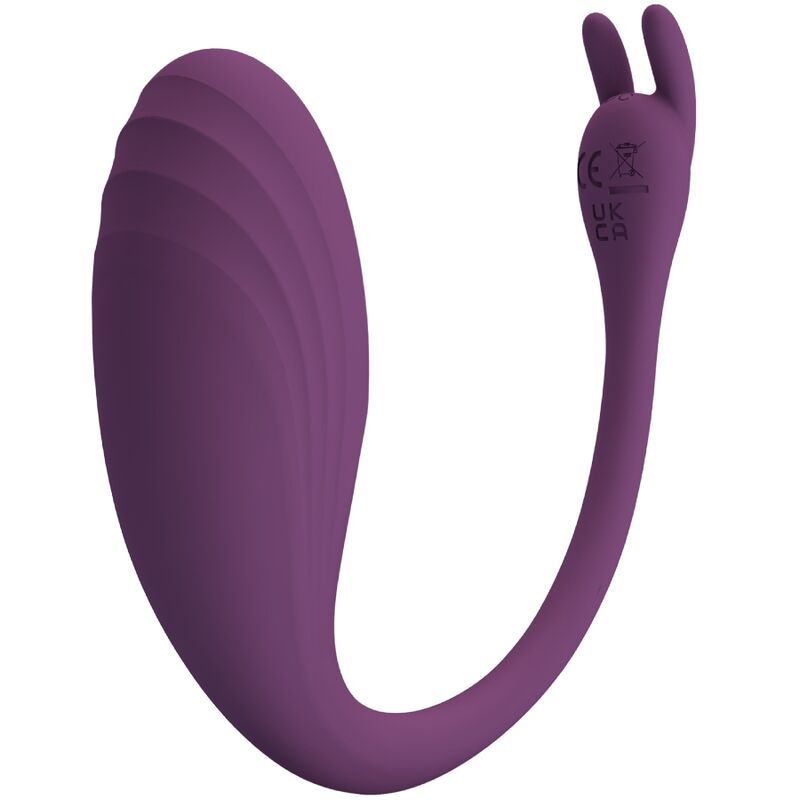 Lila Vibrator mit geriffelter Oberfläche und zwei abgerundeten Enden. CE-Kennzeichnung ist sichtbar.