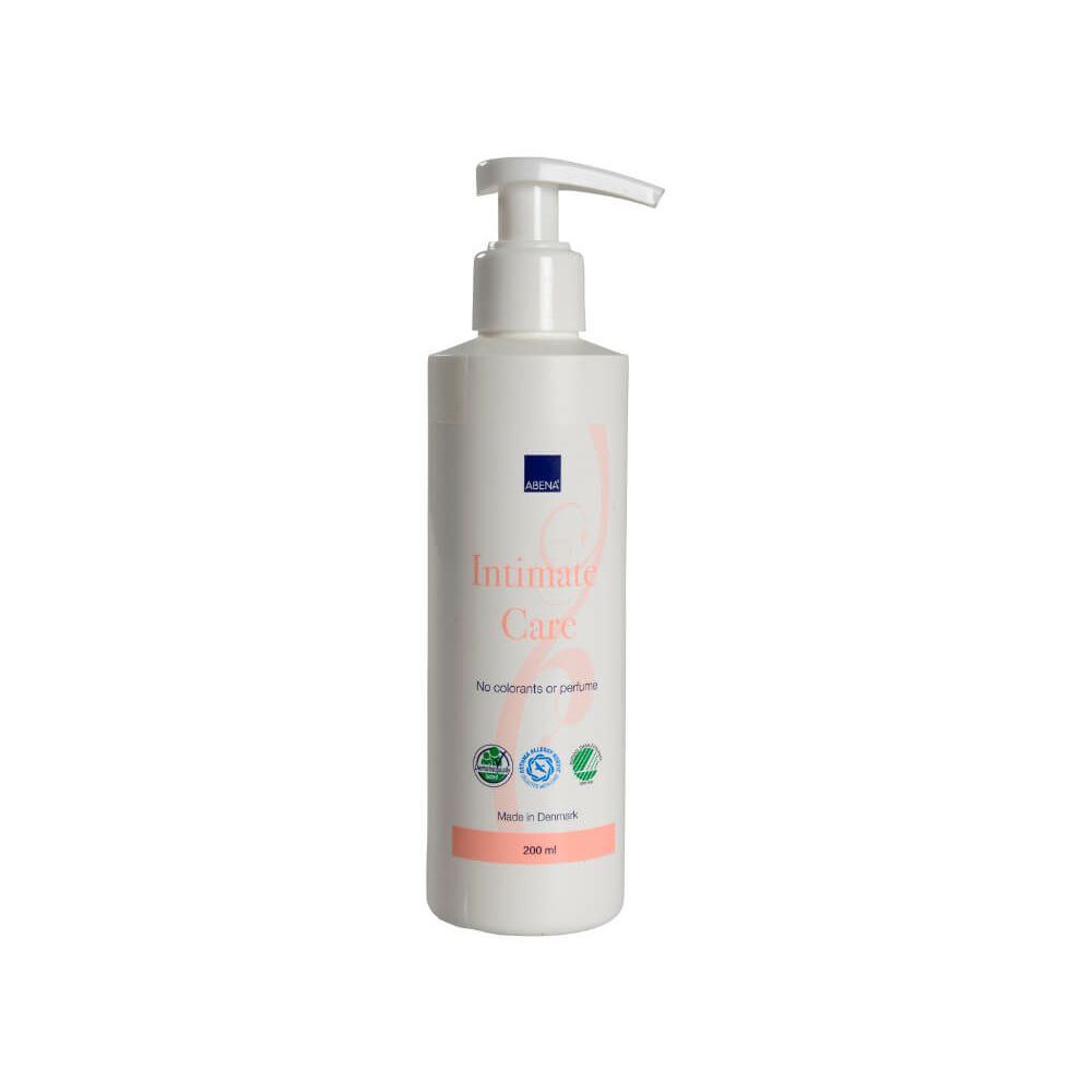 Weiße Flasche mit Dosierpumpe. Aufschrift: Intimate Care. Logos und Text in Rosa und Blau. Unten: 200 ml.