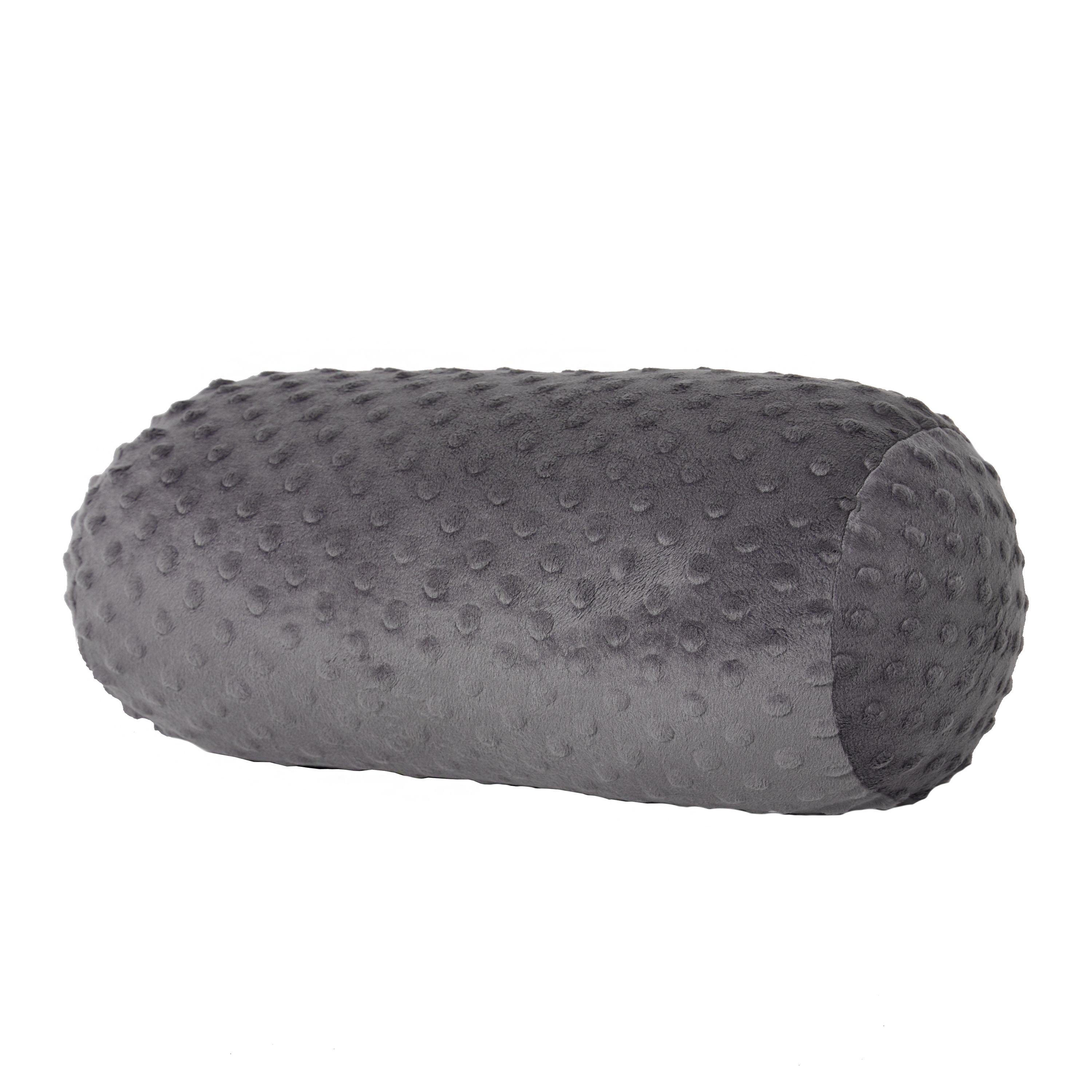 Anthrazitfarbene Nackenrolle mit Noppenmuster. Zylindrische Form. Minky-Material.