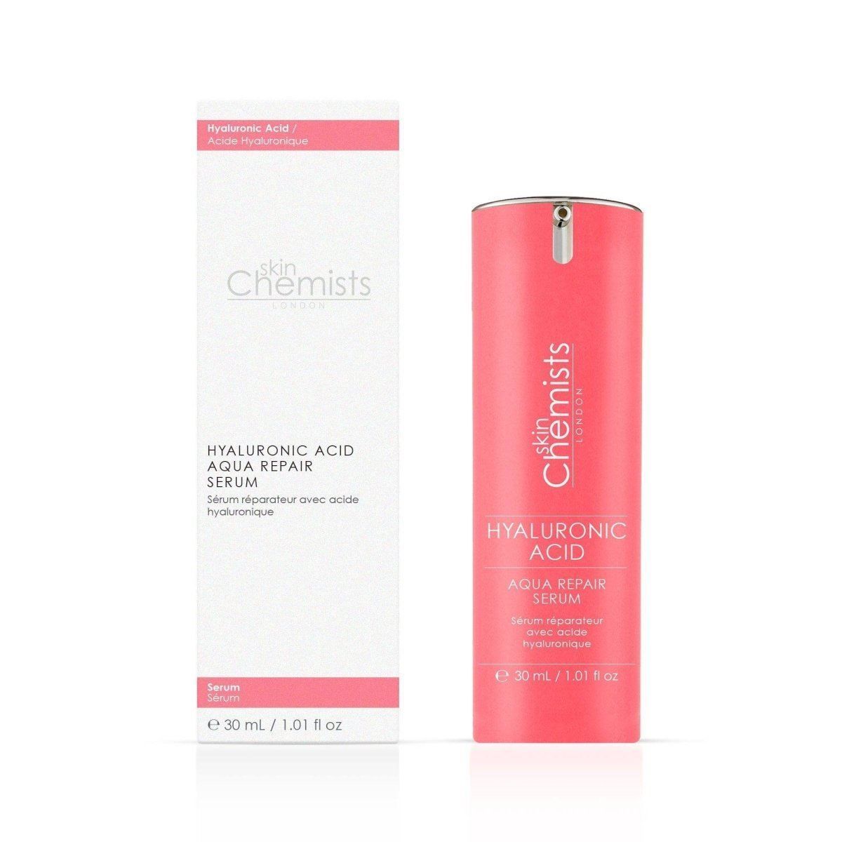 SkinChemists Hyaluronsäure Aqua Repair Serum Flasche und Karton.