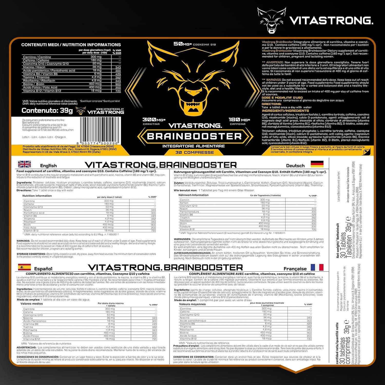Vitastrong Brainbooster, Flasche und Schachtel. Mann im Hintergrund. Text: 30 Tabletten.