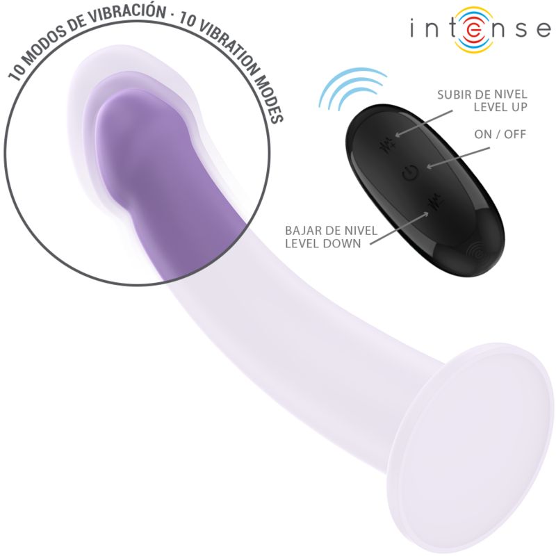 Lila Vibrator mit Fernbedienung. Text: 10 Vibrationsmodi, Level Up, Level Down, On/Off.