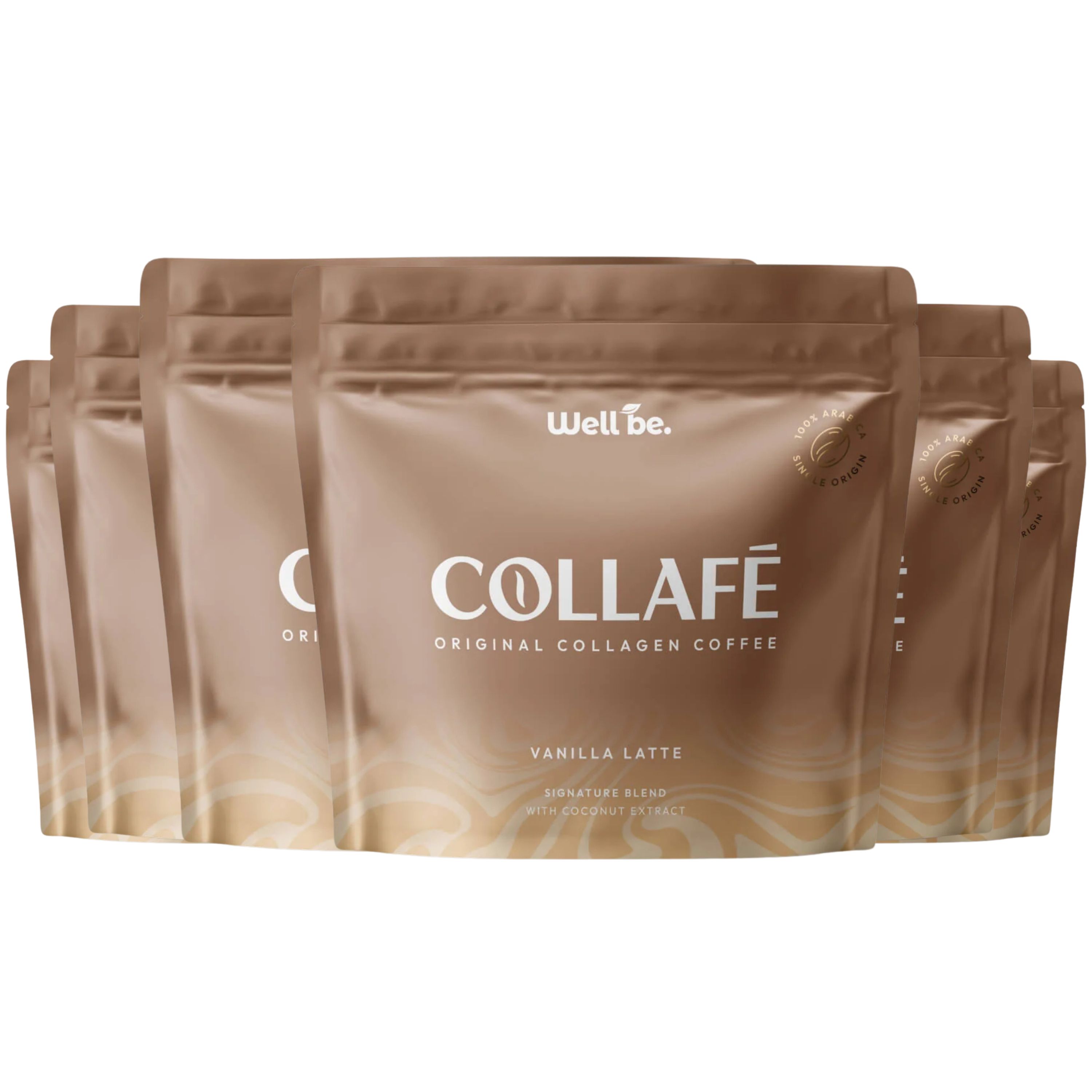 Mehrere braune Beutel mit Collagé Original Collagen Coffee, Vanille Latte.