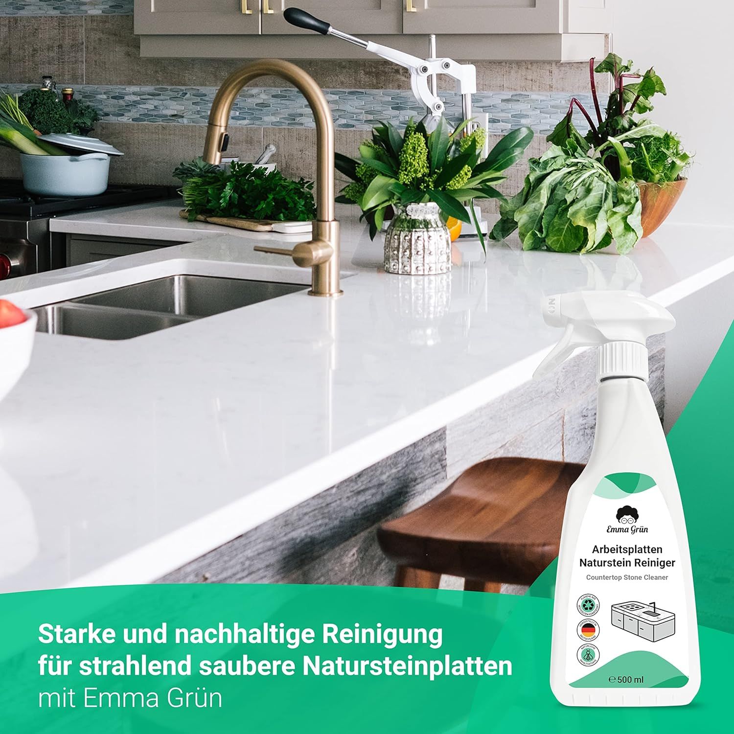 Emma Grün® natürlicher Marmor- & Küchenarbeitsplatten-Reiniger inkl. wiederverwendbarem Schwamm