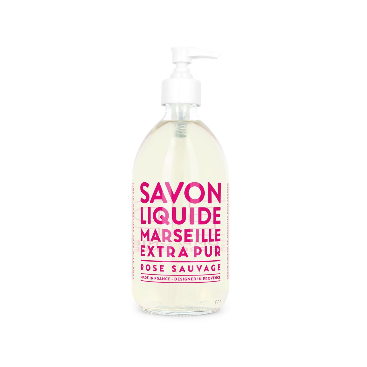 Transparente Seifenflasche mit weißem Pumpkopf. Rosa Schriftzug: Savon Liquide Marseille Extra Pur Rose Sauvage.