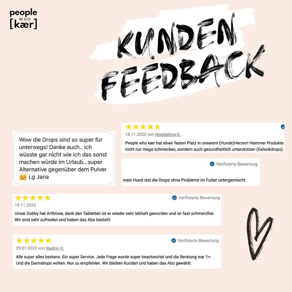 Kundenfeedback-Seite mit Bewertungen. Sternebewertungen und Text von Kunden. Logo von People Who Kaer.