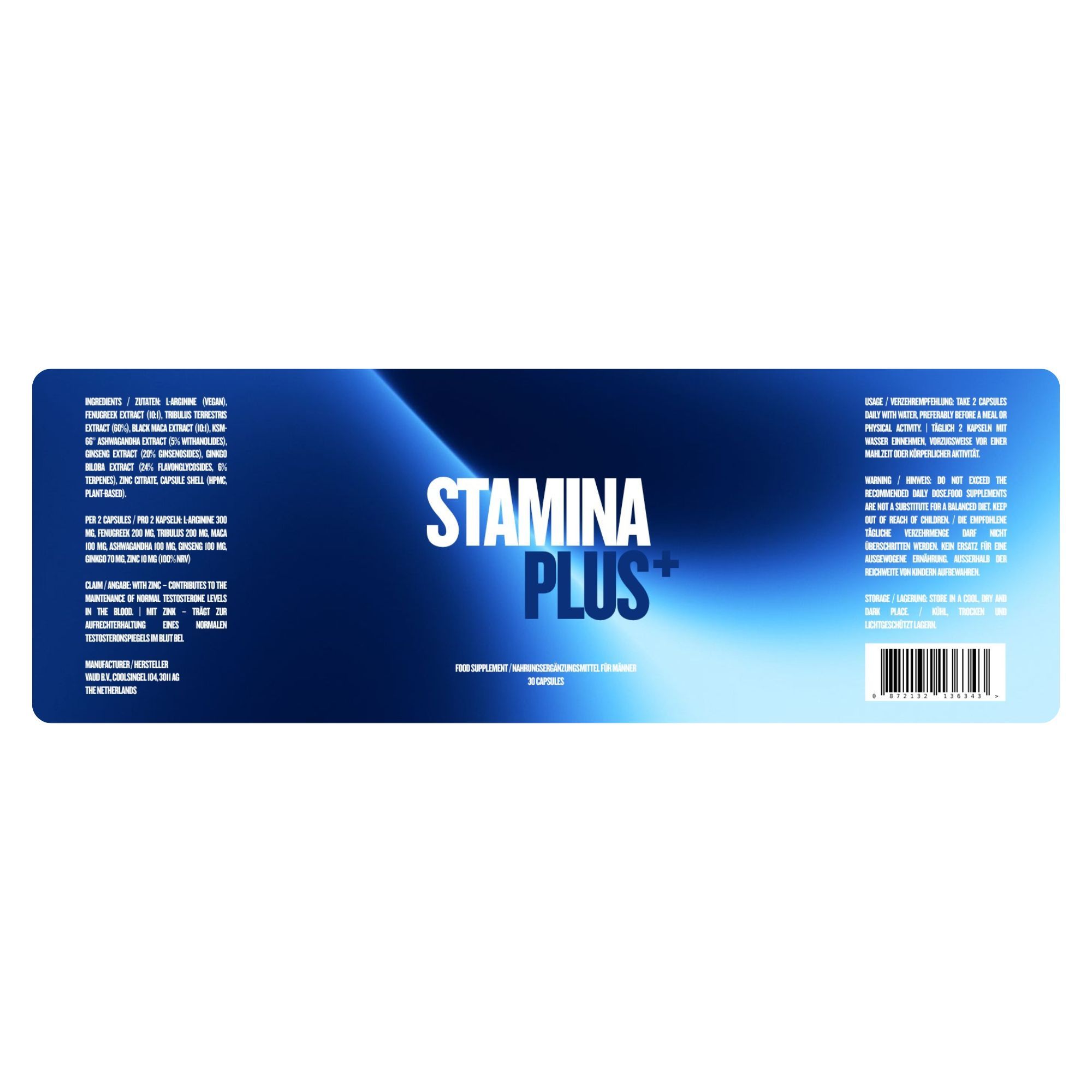 Etikett mit Inhaltsstoffen und Informationen. STAMINAplus. 30 Kapseln. Hintergrund blau.