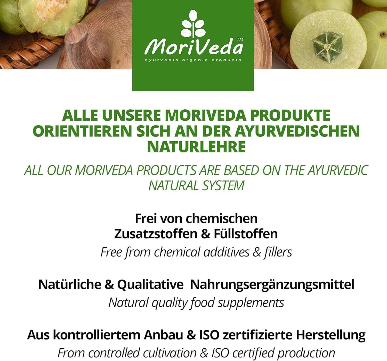 Text: Alle unsere Moriveda Produkte orientieren sich an der ayurvedischen Naturlehre. Frei von chemischen Zusatzstoffen. Natürliche Nahrungsergänzungsmittel.