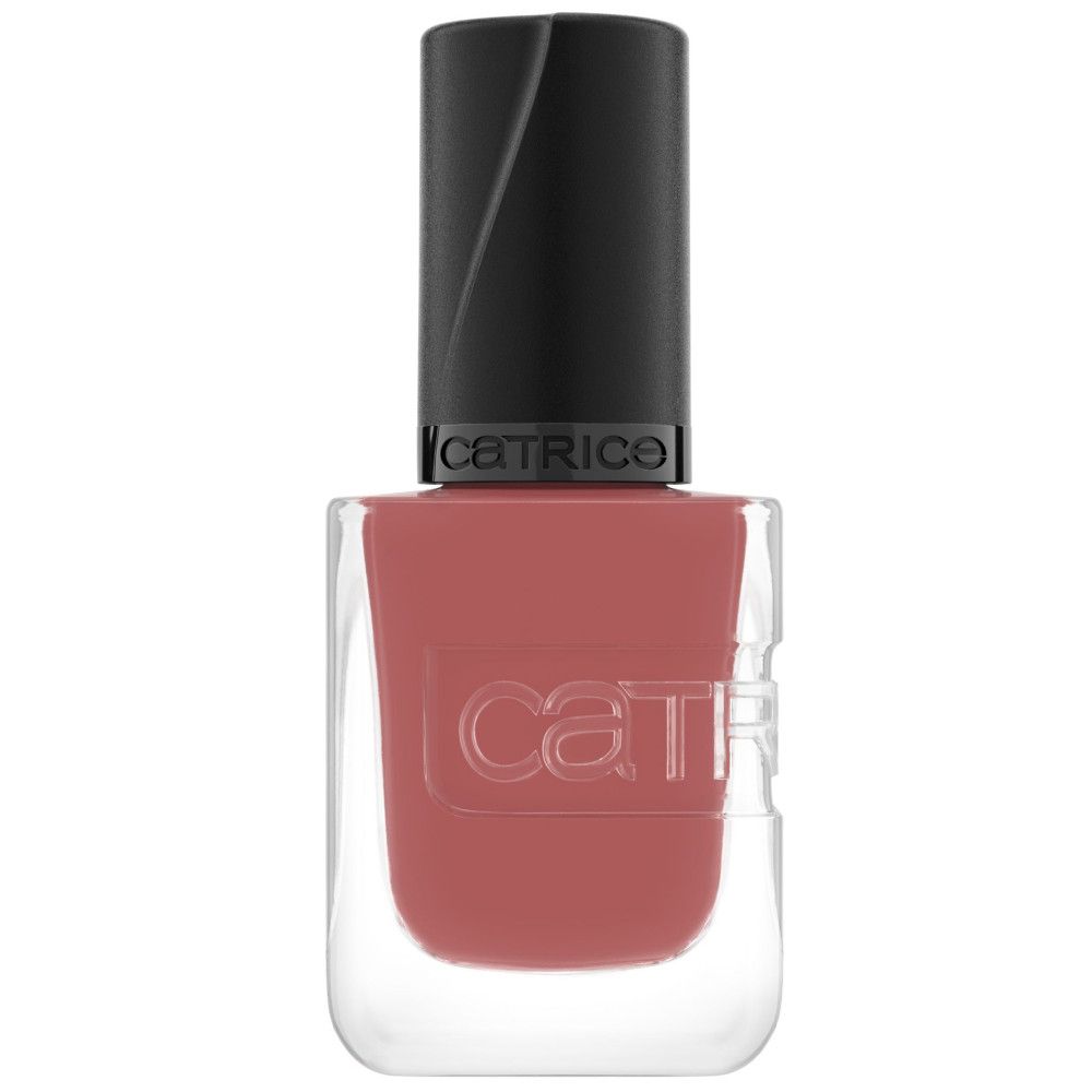 Nagellackflasche mit schwarzem Deckel. Der Lack ist rosa. Der Markenname Catrice ist auf der Flasche sichtbar.
