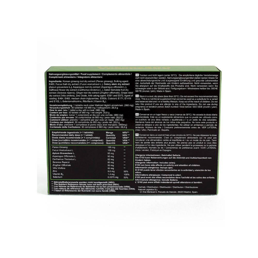 Dos de l'emballage "Volume500+" avec texte et informations nutritionnelles.