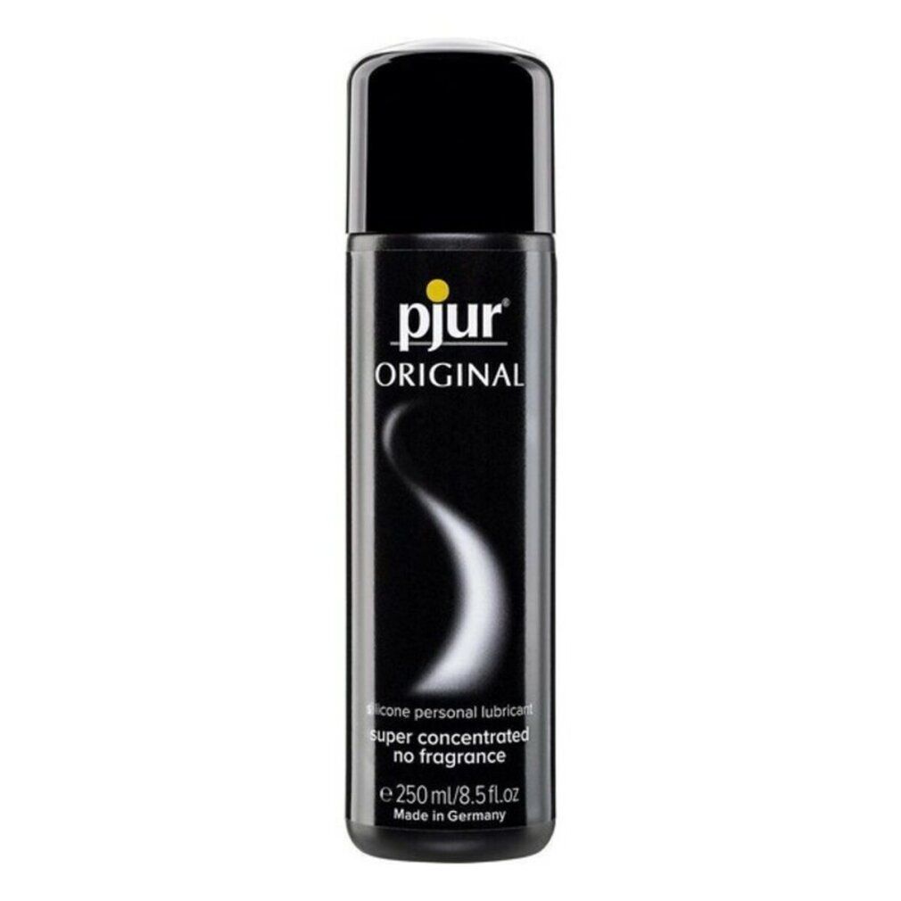 Schwarze Flasche mit gelbem Etikett. Aufschrift: pjur ORIGINAL, SILICONE-BASED PERSONAL LUBRICANT, super concentrated no fragrance, 250ml/8.5 fl.oz. Made in Germany.