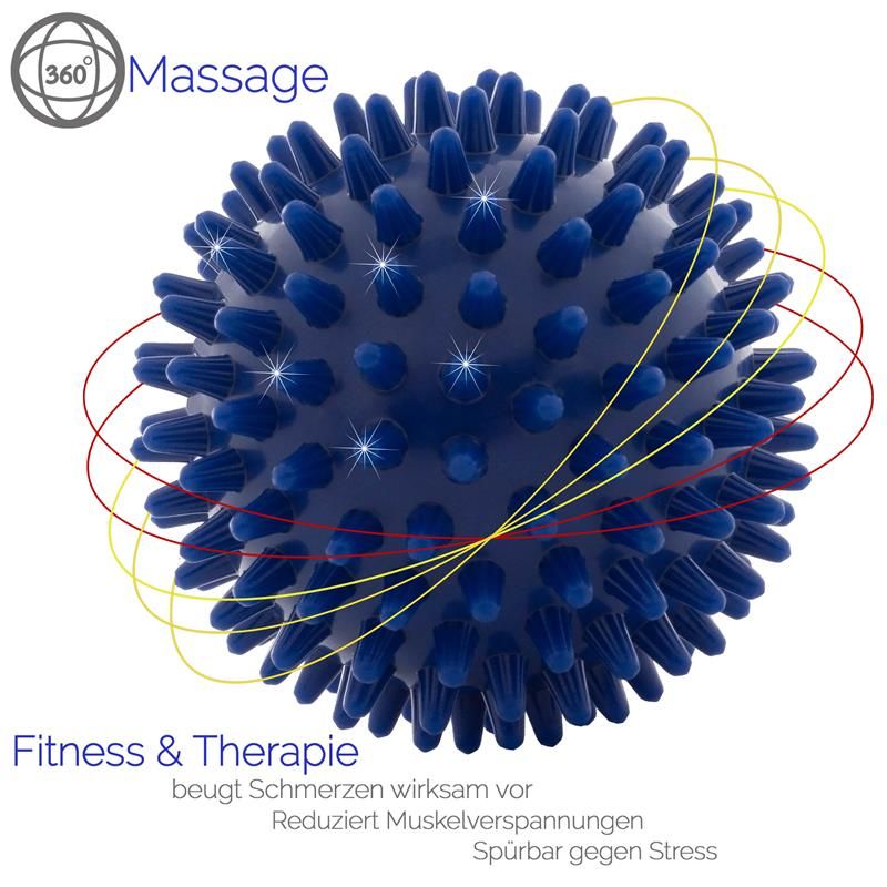Blauer Massageball mit Noppen. Text: Fitness & Therapie, 360° Massage. Zusätzlicher Text.