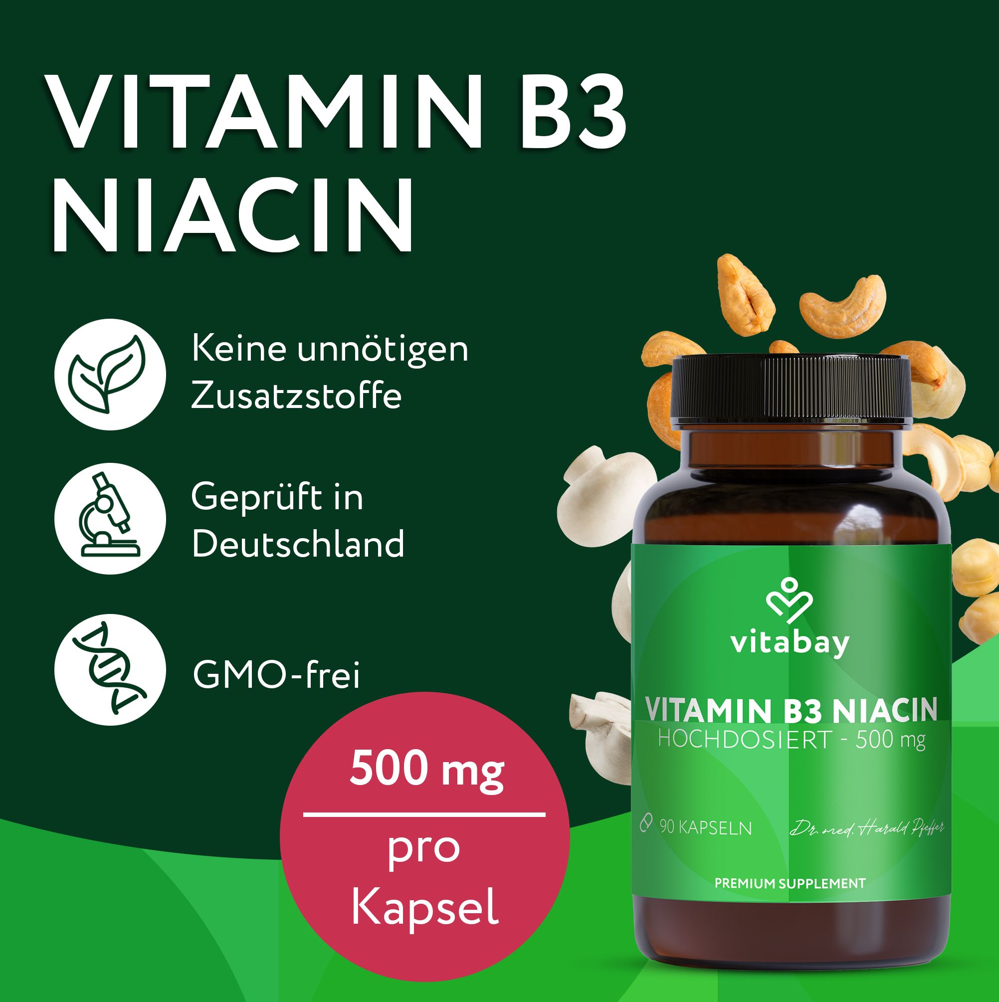 Vitabay Vitamin B3 Niacin 500 mg: Beitrag zur Verringerung von Müdigkeit.
