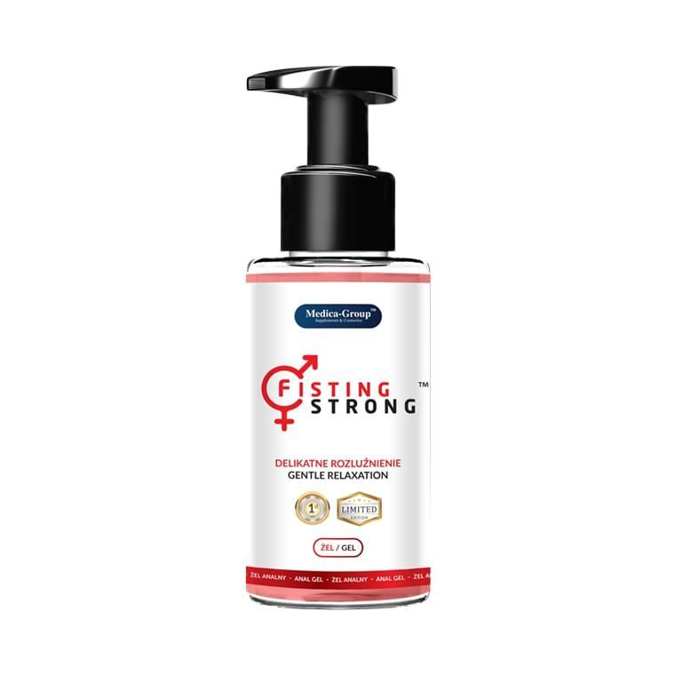 Flasche mit Pumpspender, "Fisting Strong" Gel, "Gentle Relaxation" Aufschrift.