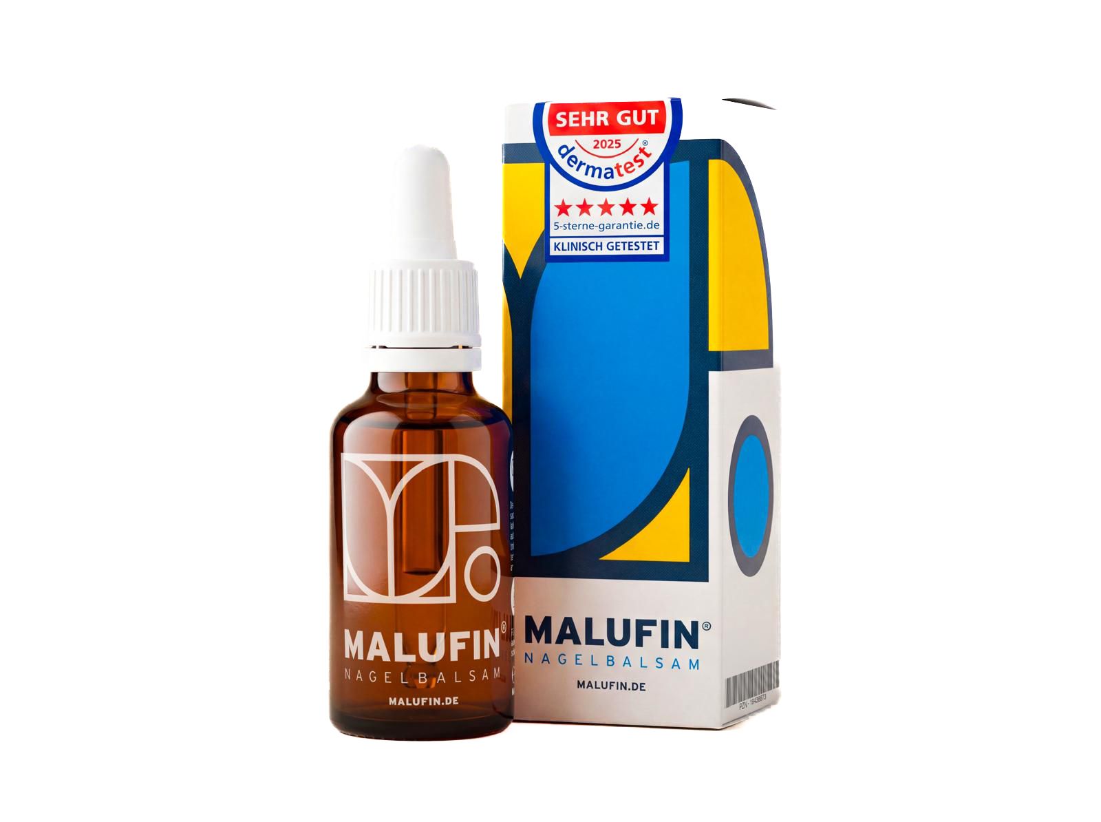 MALUFIN Nagelbalsam Flasche mit Pipette und Faltschachtel. "Dermatest" Siegel sichtbar.