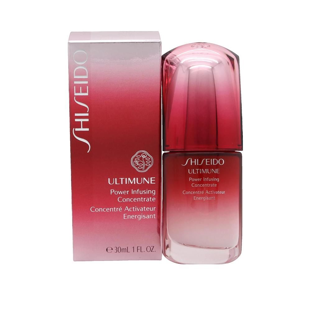 Produktverpackung und Flakon. Aufschrift: SHISEIDO, ULTIMUNE Power Infusing Concentrate. Flakon mit rotem Deckel und transparentem Körper.