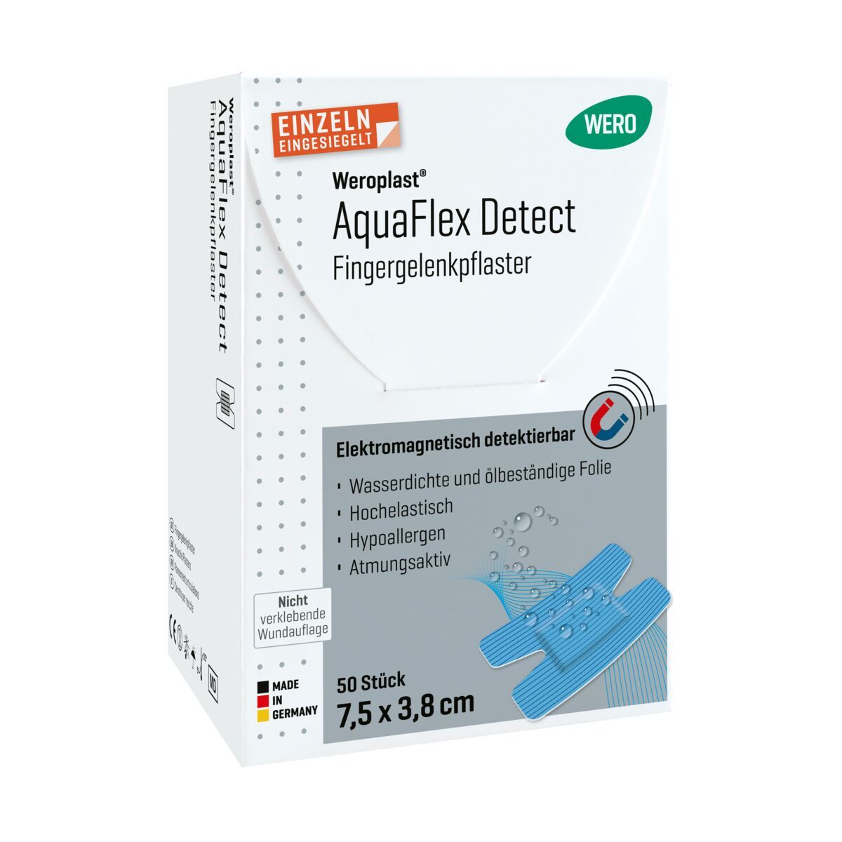 WERO AquaFlex Detect Fingergelenkpflaster, 50 Stück, 7,5 x 3,8 cm, elektromagnetisch detektierbar, wasserdicht, hochelastisch, hypoallergen, atmungsaktiv.